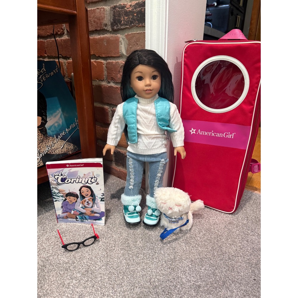 American Girl Corinne Tan Doll 2022 Girl of the Year with Dog Book Case Glasses